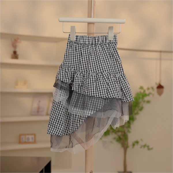 【编号C224】C-81136-25-儿童黑白小方格拼接纱裙 黑白格-MTC