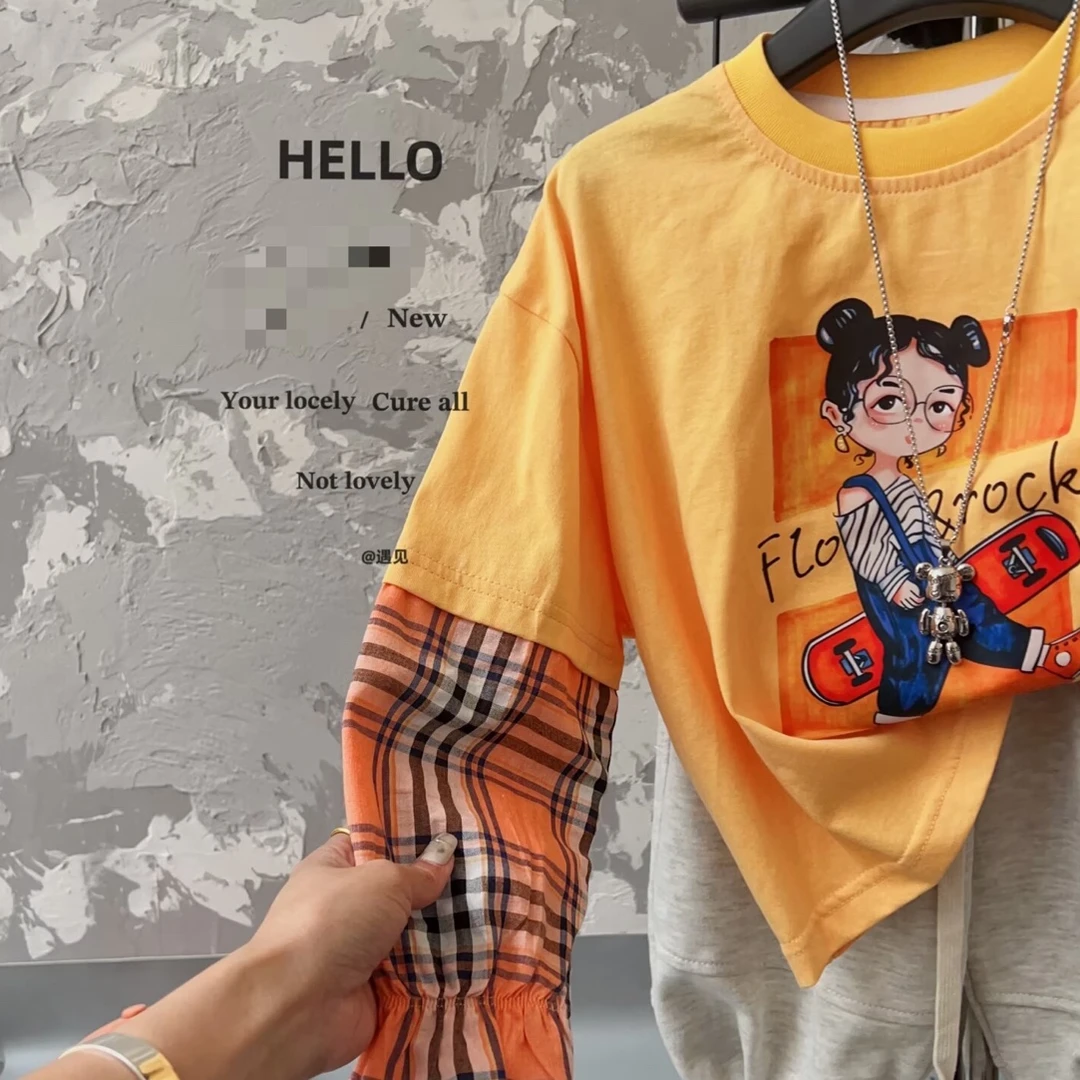 【编号D345】C256-10-滑板女孩印花儿童打底衫桔色-YJ