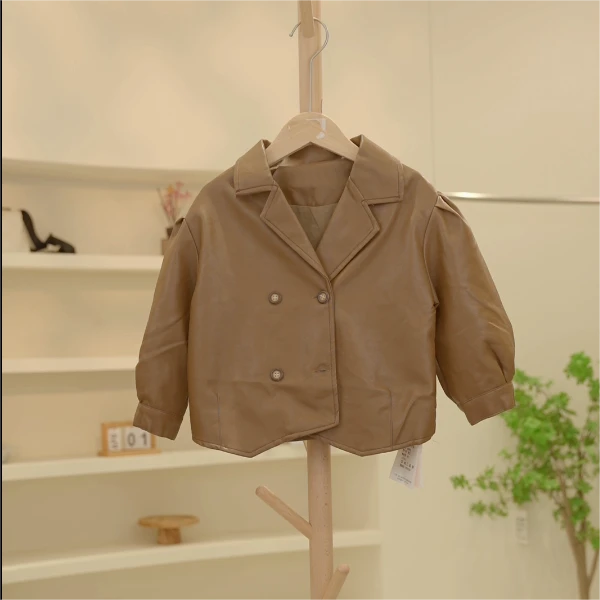 【编号H70】KB-40-13-儿童翻领短款皮衣外套咖色-卡柏