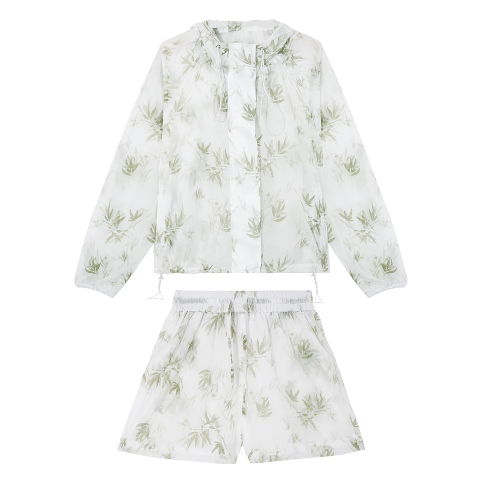【小依专属】  HW7157：竹叶碎花连帽上衣短裤套装