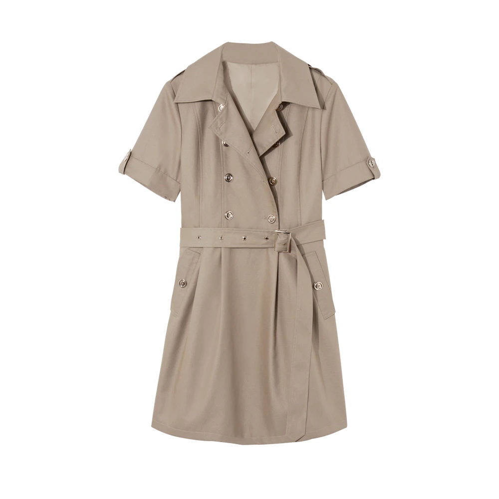 【龙哥专属】10067：欧美经典双排扣收腰风衣连衣裙（配腰带）