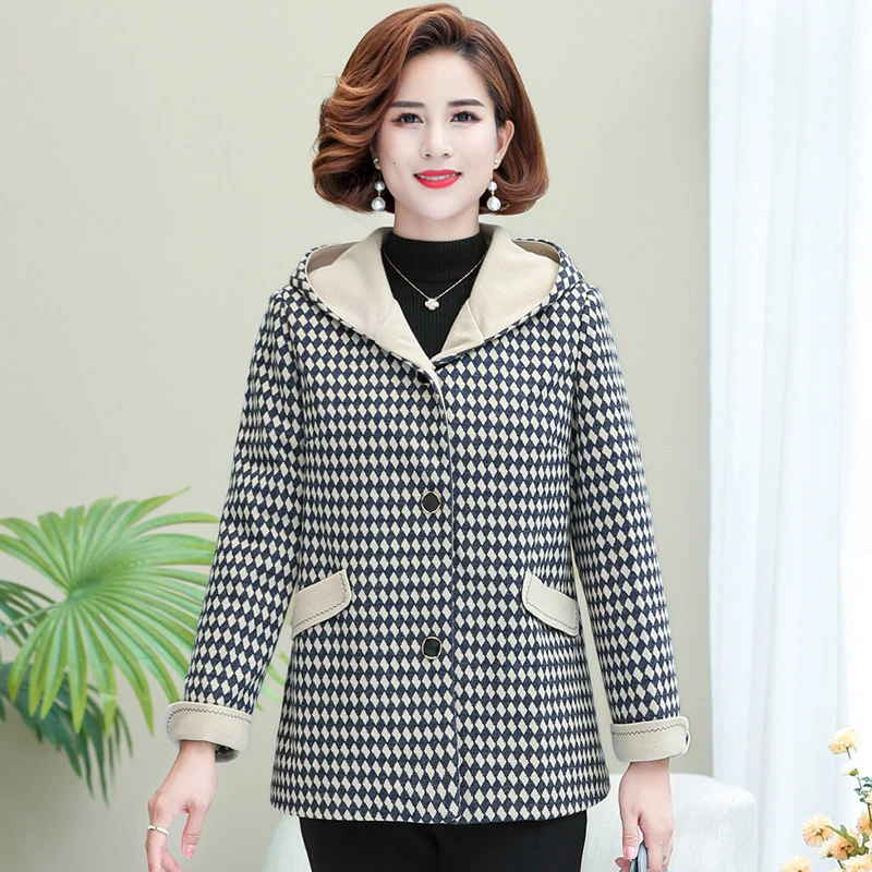 303外套毛呢格子秋冬洋气加厚中老年中长款中年妈妈装呢子千鸟格