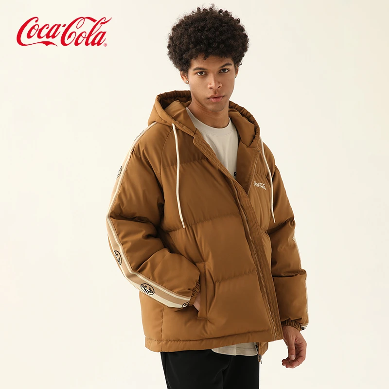 Coca-Cola/可口可乐棉袄男冬季反季条纹拼接保暖美式宽松连帽棉服