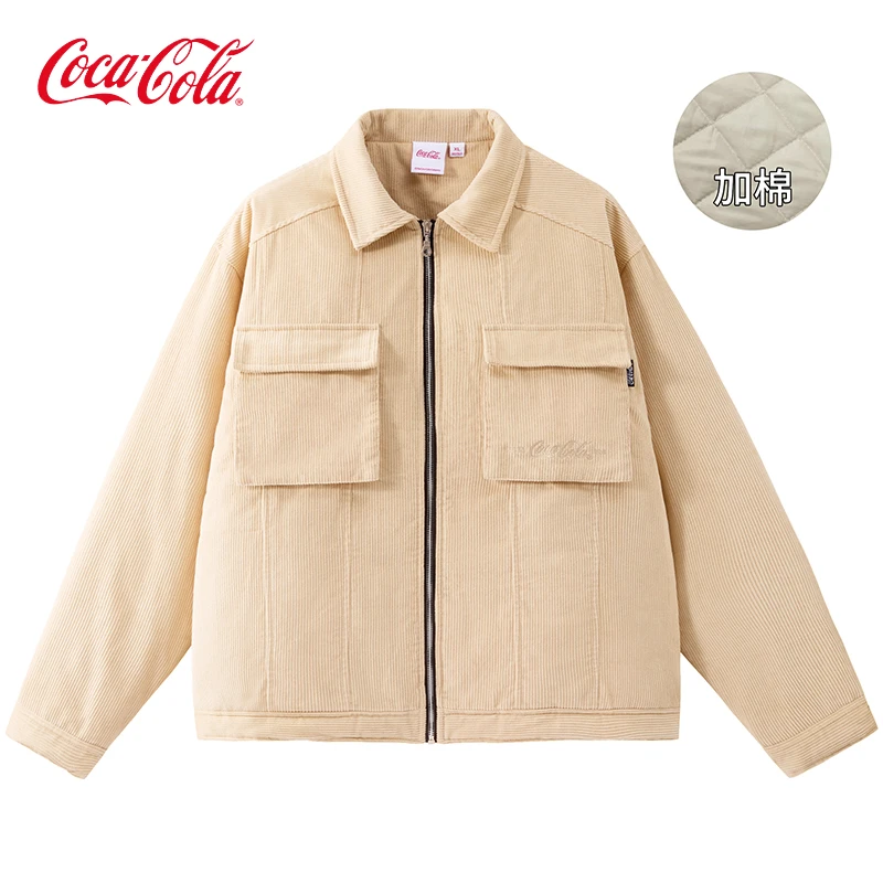 Coca-Cola/可口可乐灯芯绒棉服男简约翻领字母刺绣宽松潮流外套