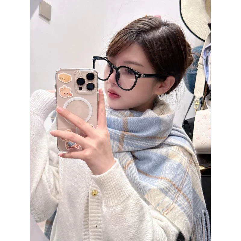 秋冬学院风可爱少女围巾2024新款兰白JK格子围巾百搭学生韩系围脖