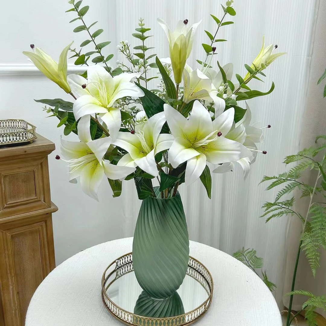 手感百合花高档定制花束客厅家居摆件假花仿真花创意软装花瓶搭配