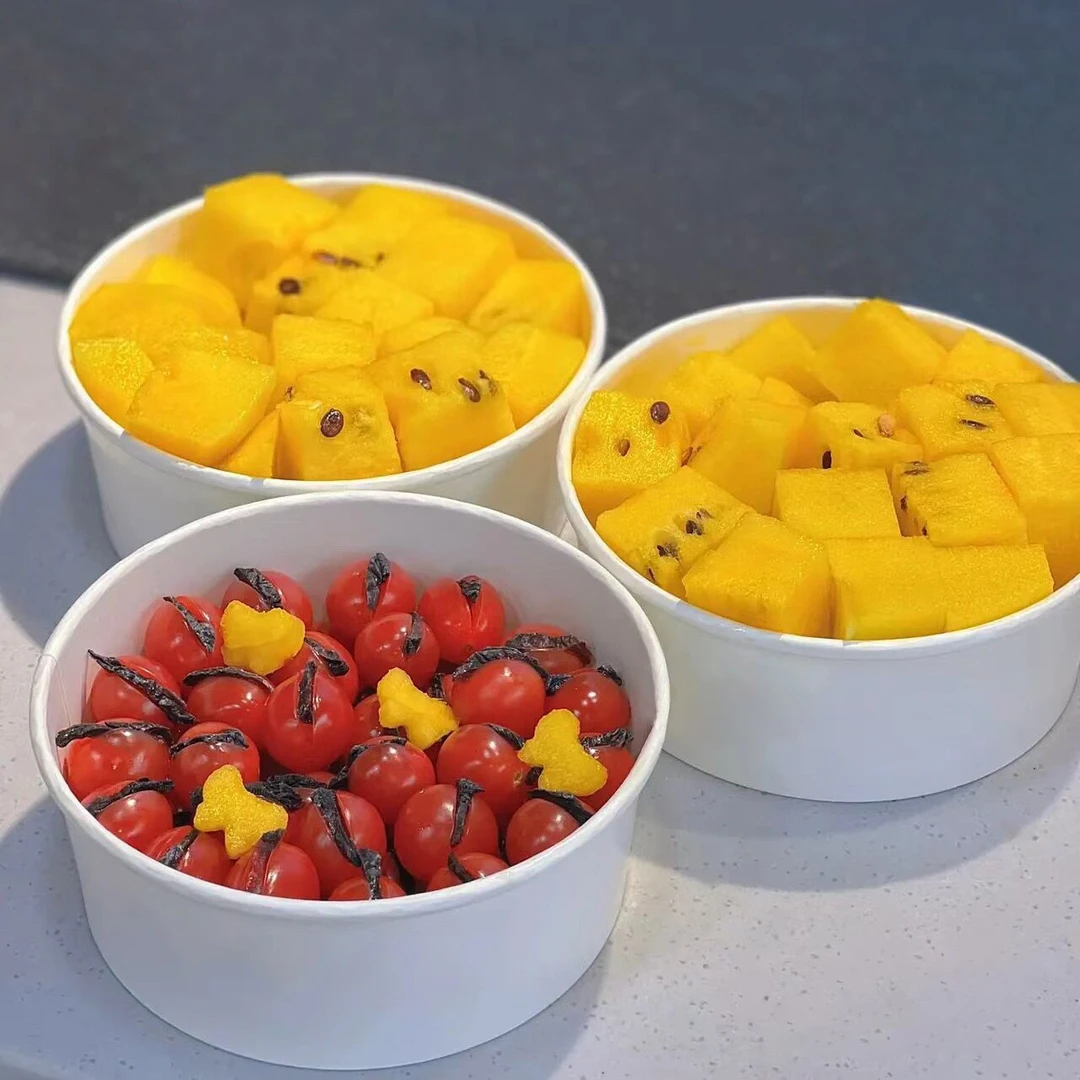 白色圆形带盖牛皮纸碗水果店果切外卖包装盒子网红同款沙拉碗加厚