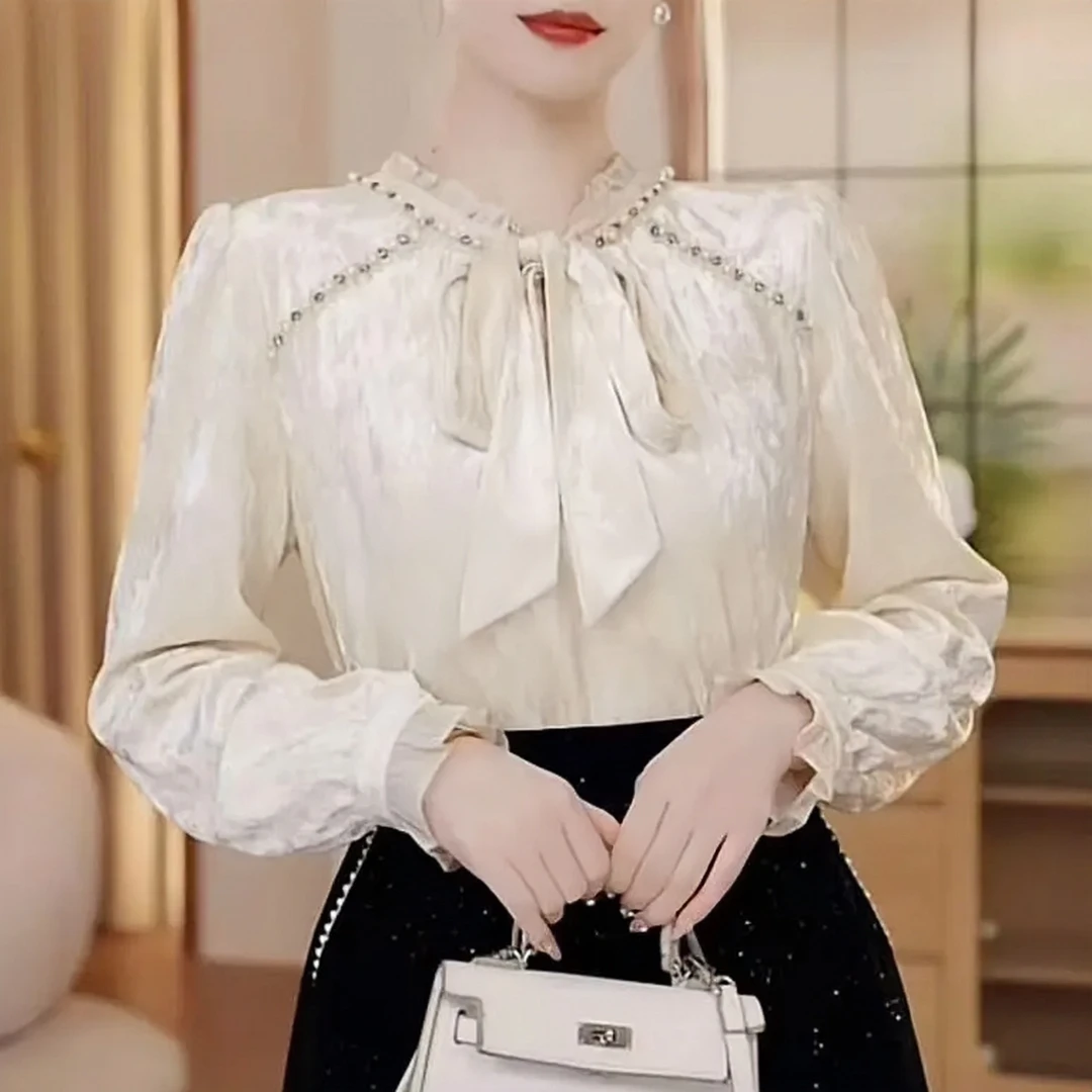 2024春季法式系带两穿衬衫女长袖高级感钉珠丝绒上衣别致漂亮小衫