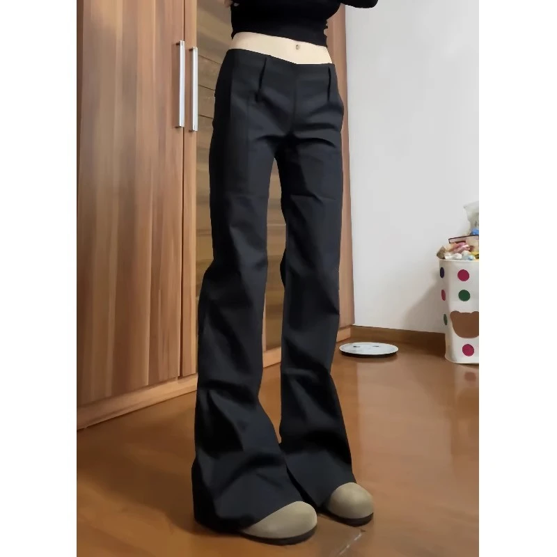 加绒加厚黑色中腰西装长裤女装秋冬辣妹休闲裤显瘦微喇叭拖地裤子