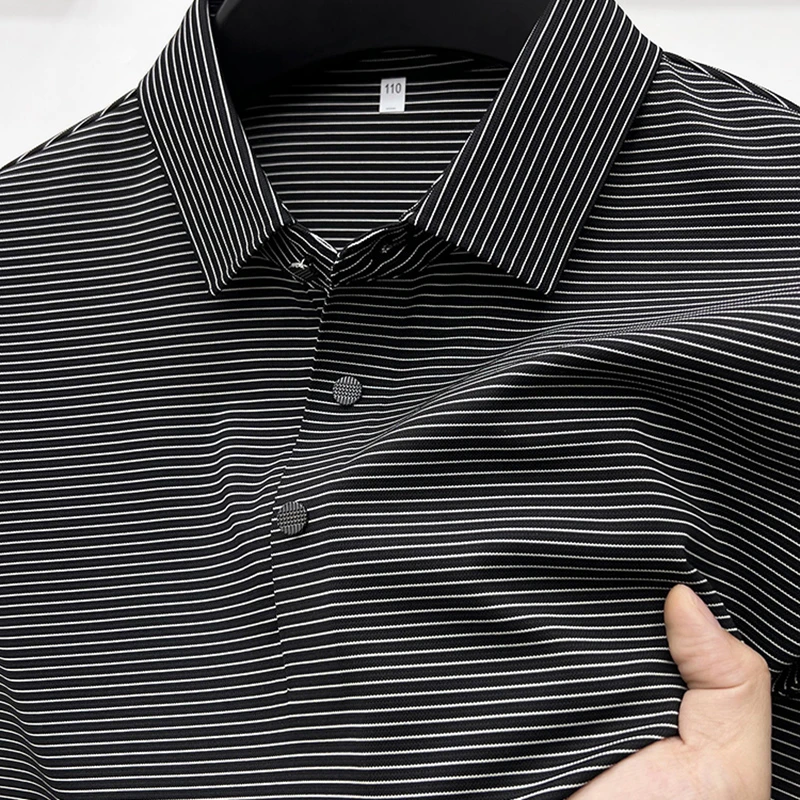 Zero Degree North轻奢桑蚕丝短袖t恤男夏季细条纹半袖polo衫开叉