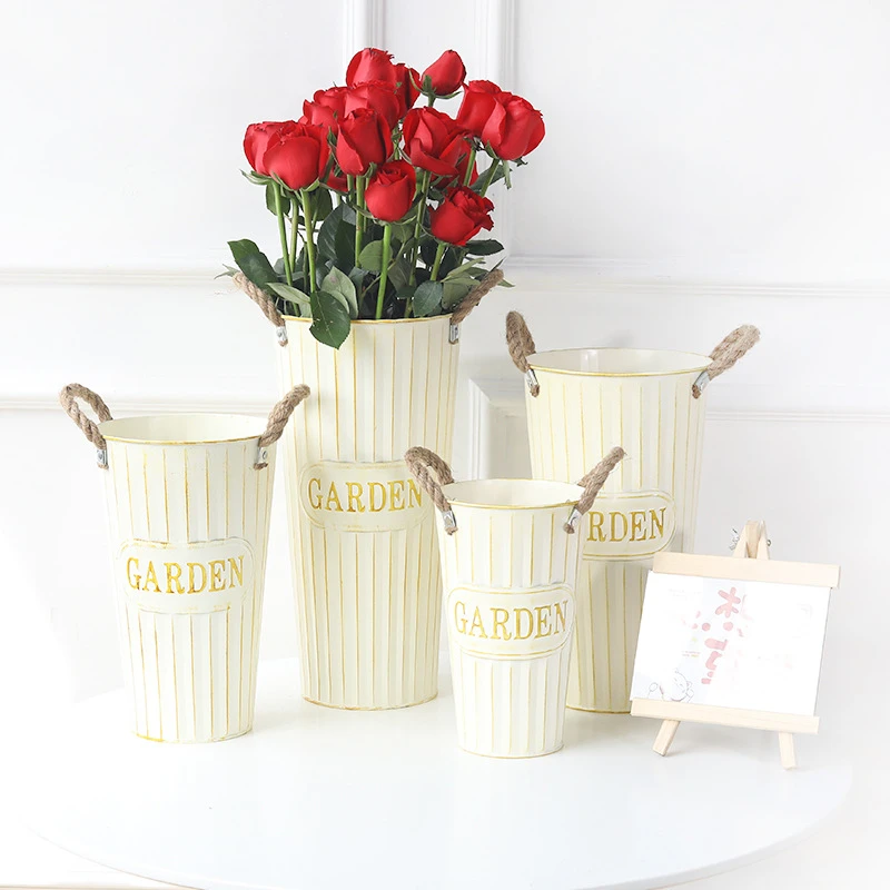 复古白干花桶插花器高花桶花店装饰铁皮桶美式花筒落地花瓶铁桶