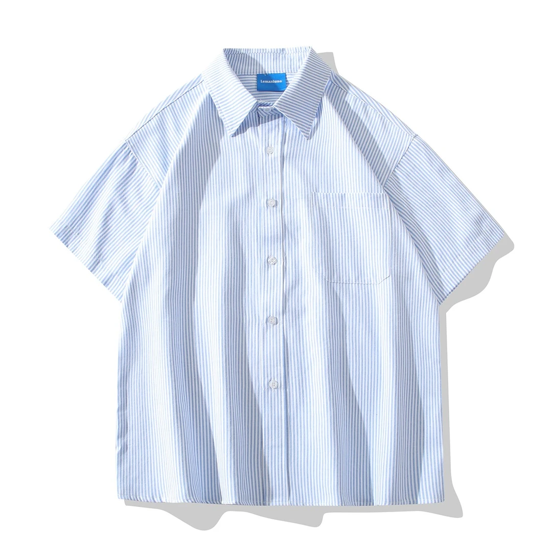 夏季潮牌宽松条纹短袖衬衫男ins薄款百搭休闲帅气简约半袖衬衣