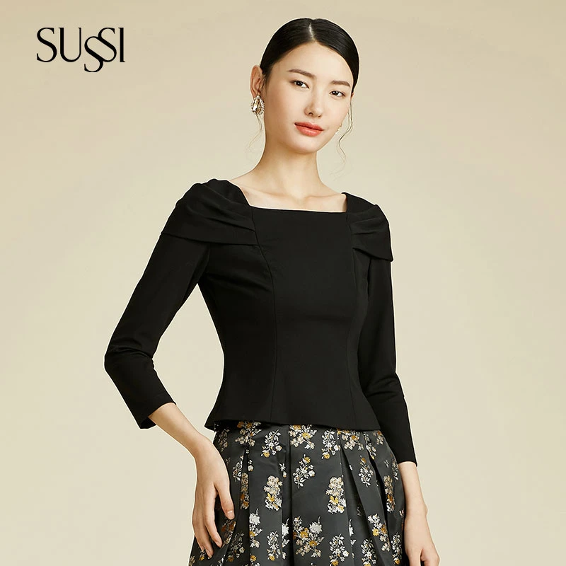 SUSSI/古色24春商场同款黑色船型领宫廷感显瘦复古上衣女