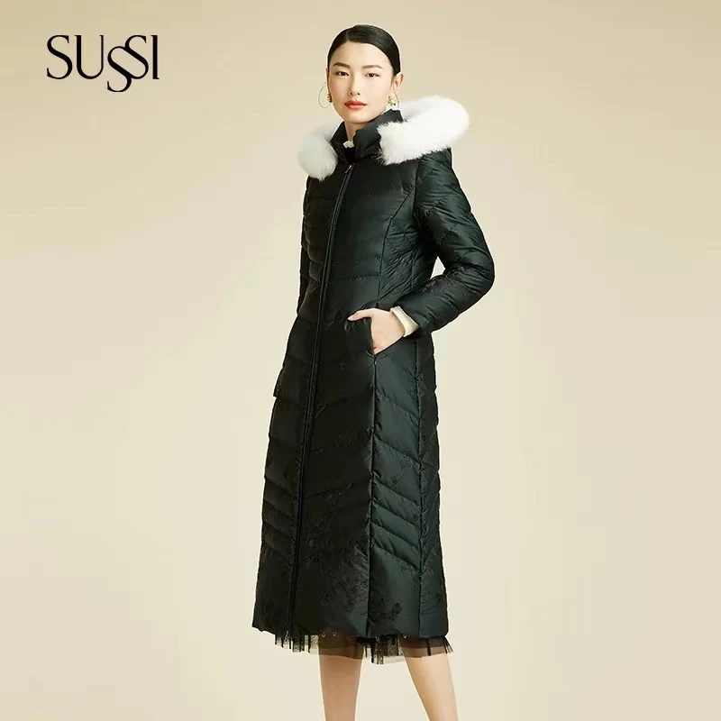 SUSSI/古色24秋冬商场同款黑色狐狸毛立领拉链长款鹅绒羽绒服