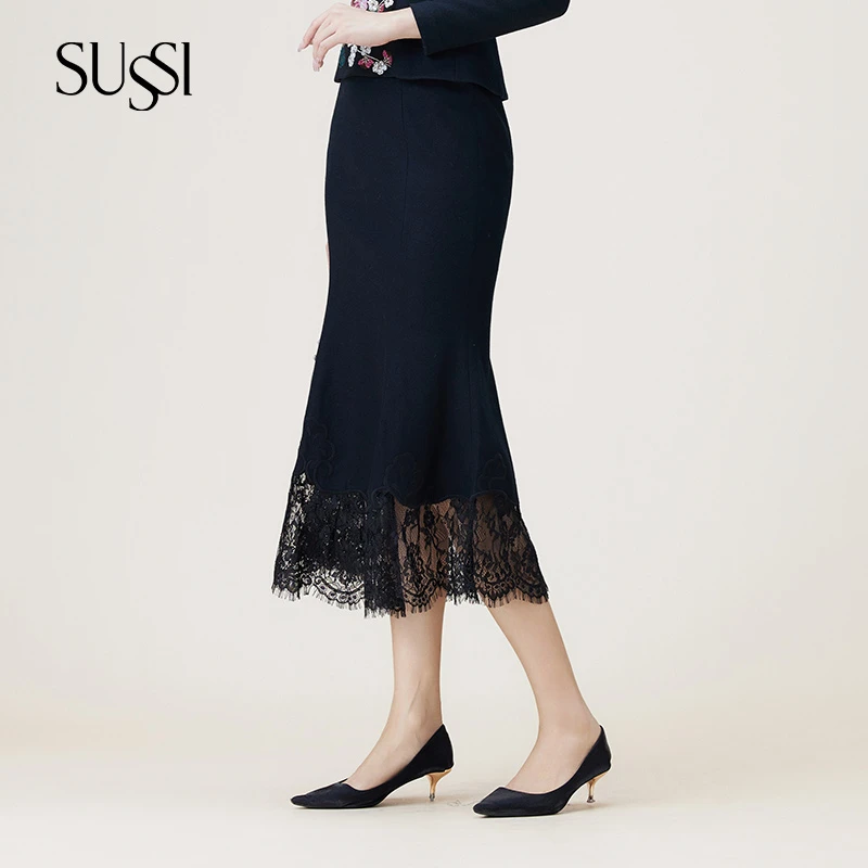 SUSSI/古色商场同款黑色羊毛通勤风百搭包臀半身裙女长款鱼尾裙