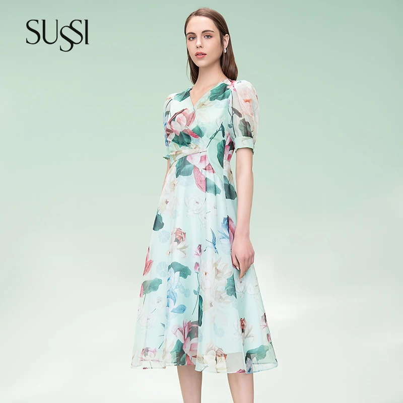 【豫象.悦】SUSSI/古色夏季新品商场同款V领X型连衣裙