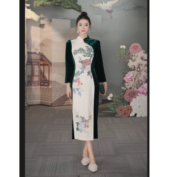 SUSSI/古色24秋九分袖修身丝绒旗袍女显瘦气质长袖中国风优雅