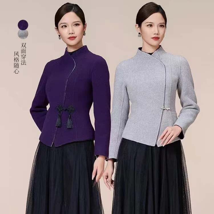 连身立领斜襟双面呢印花外套