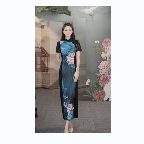 SUSSI/古色24夏新中式蓝色黑色新中式长款气质改良旗袍裙连衣裙女