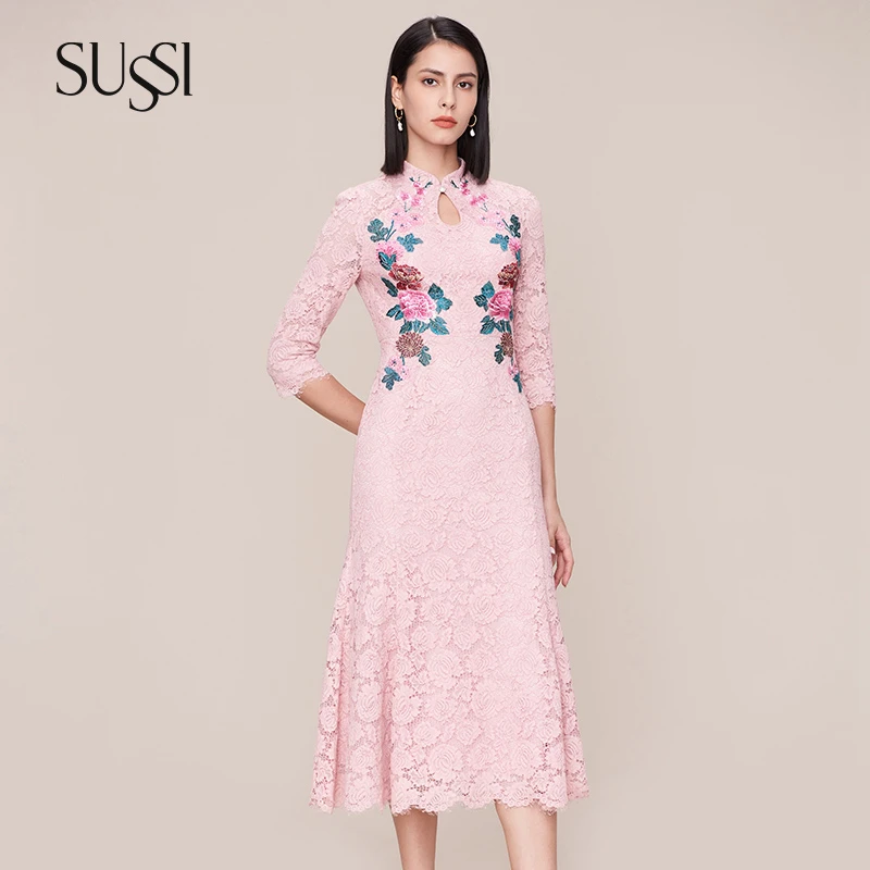 【豫象.颐】SUSSI/古色24春新品粉色旗袍领高贵优雅气质刺绣连衣裙