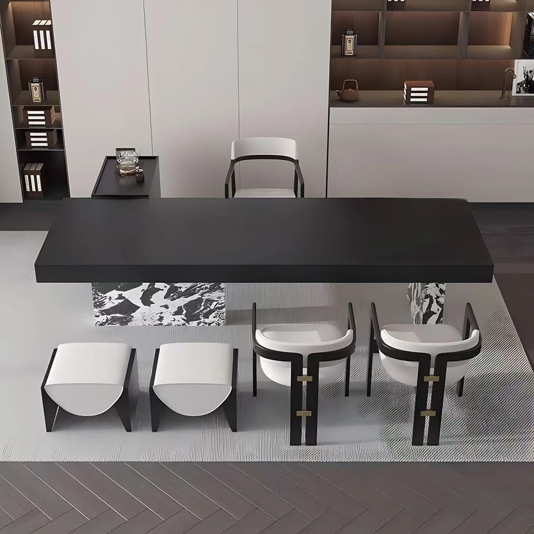 意式极简纯黑加厚岩板餐桌椅组合大户型包豪斯风长方形岛台茶桌