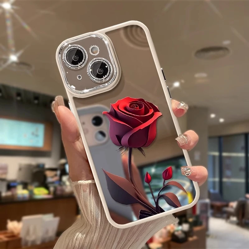 红色玫瑰适用苹果16promax手机壳iphone15plus镜面12高级13简约