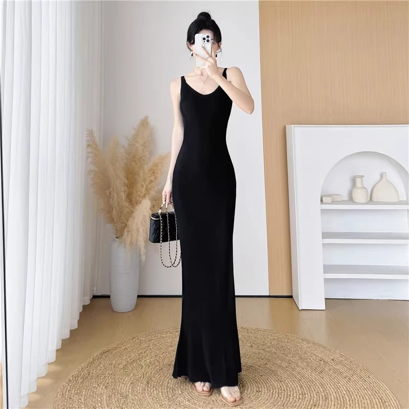 #8657超长款针织吊带背心无袖连衣裙女夏季新款修身及踝鱼尾长裙