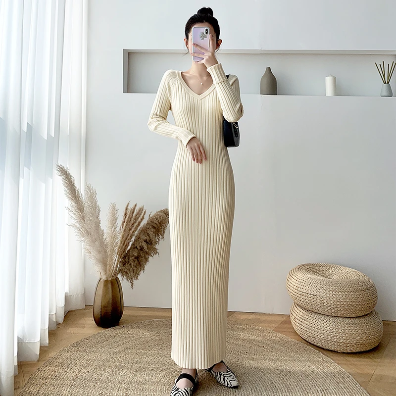 #8868超长款毛衣裙过膝女新款秋冬修身针织连衣裙