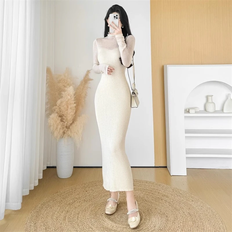 #8668高领针织连衣裙女秋冬新款修身显瘦包臀打底内搭长款毛衣裙
