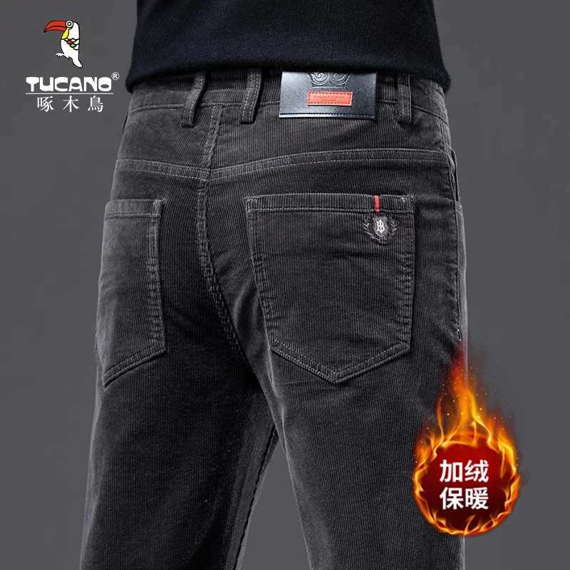啄木鸟男士秋冬季新款加绒百搭灯芯绒时尚休闲裤直筒修身重磅长裤