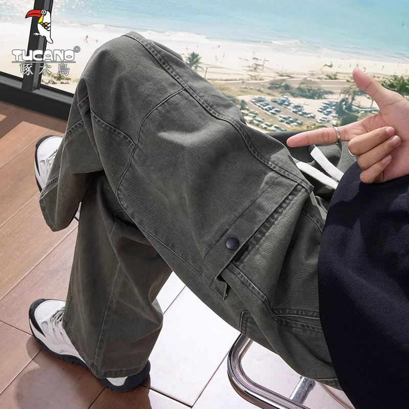 啄木鸟美式工装休闲裤男士春秋款2025新款宽松直筒简约男生长裤子
