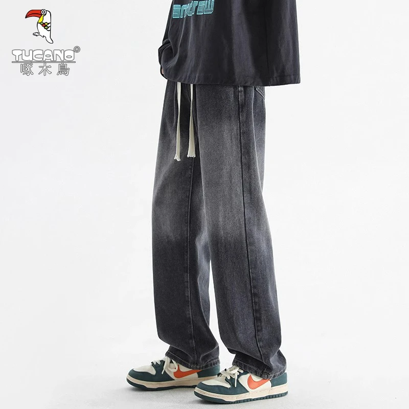 啄木鸟男士阔腿直筒牛仔裤春秋季新款潮美式高街渐变色重磅长裤子