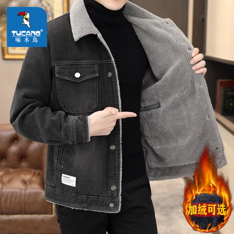 啄木鸟男士牛仔外套加绒加厚工装夹克秋冬季新款休闲潮流上衣长袖