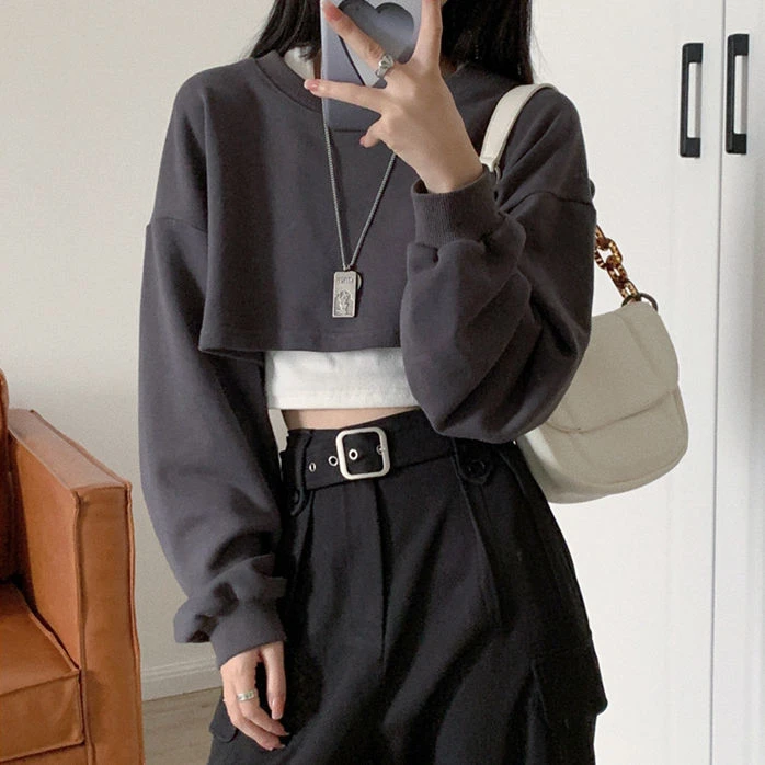 哑仙女~叠穿炸街短款圆领卫衣辣妹高腰露脐短长袖卫衣两件套装女