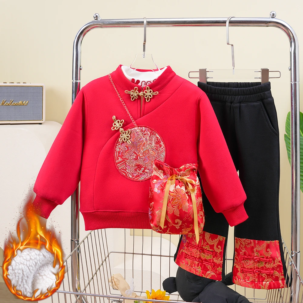 亲子装冬季新款女童唐装加绒加厚两件套母女中国风喜庆红色拜年服