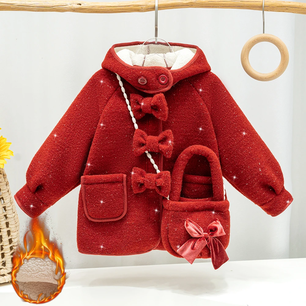 亲子装冬季新款女童加绒亮丝年服母女装韩版中长款加厚毛呢大衣