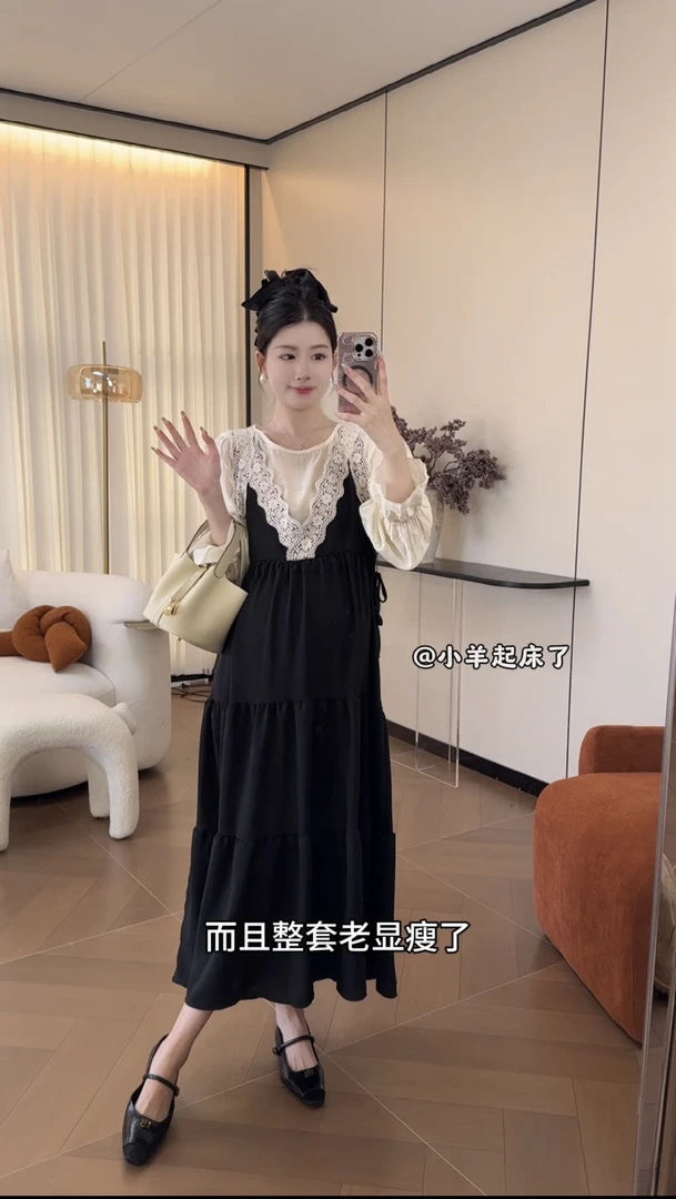 现货速发孕妇秋装新款连衣裙时尚蕾丝边假两件宽松过膝气质长裙