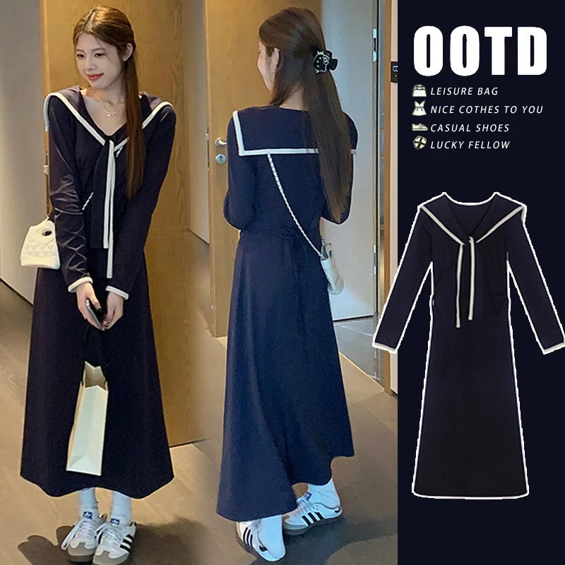 孕妇春秋大码撞色海军领学院风时尚孕妈显瘦连衣裙辣妈秋季连衣裙