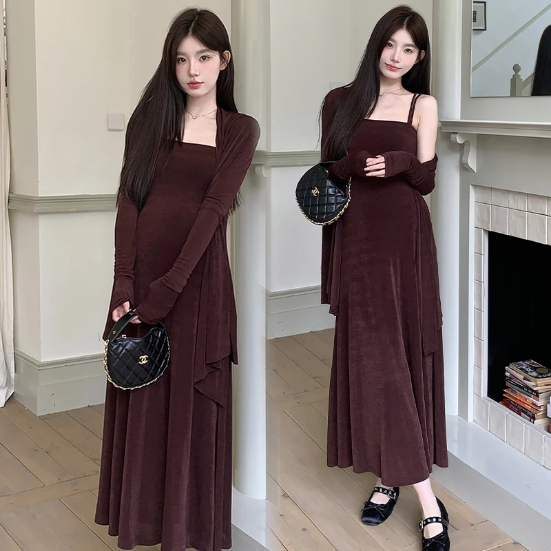 孕妇春秋轻奢风御姐茶系气质法式高级感吊带连衣裙两件套套装