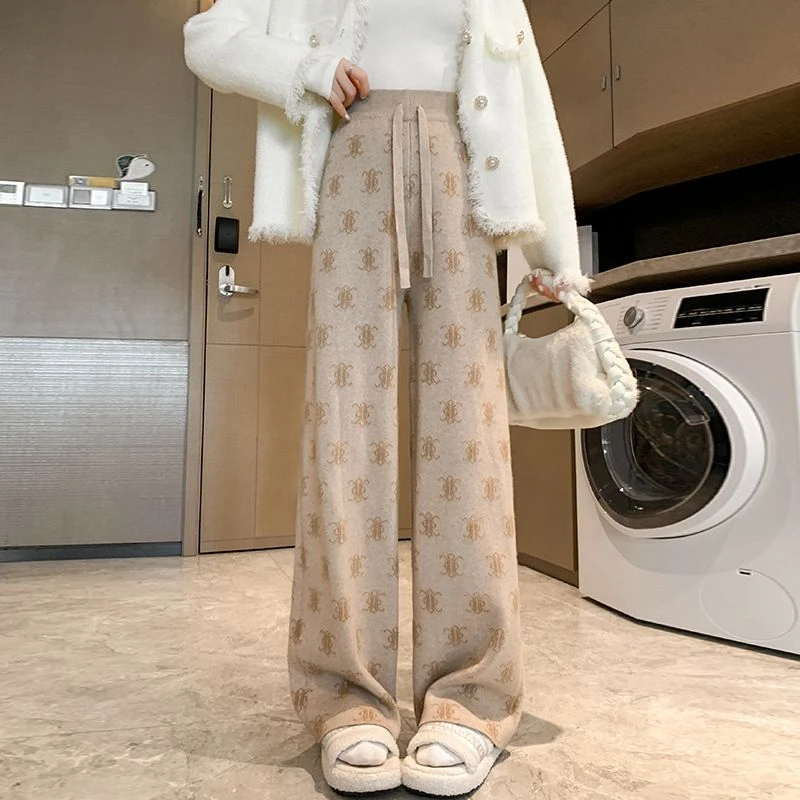 孕妇秋冬加厚提花针织阔腿裤女2024秋冬宽松显瘦直筒高腰垂感拖裤