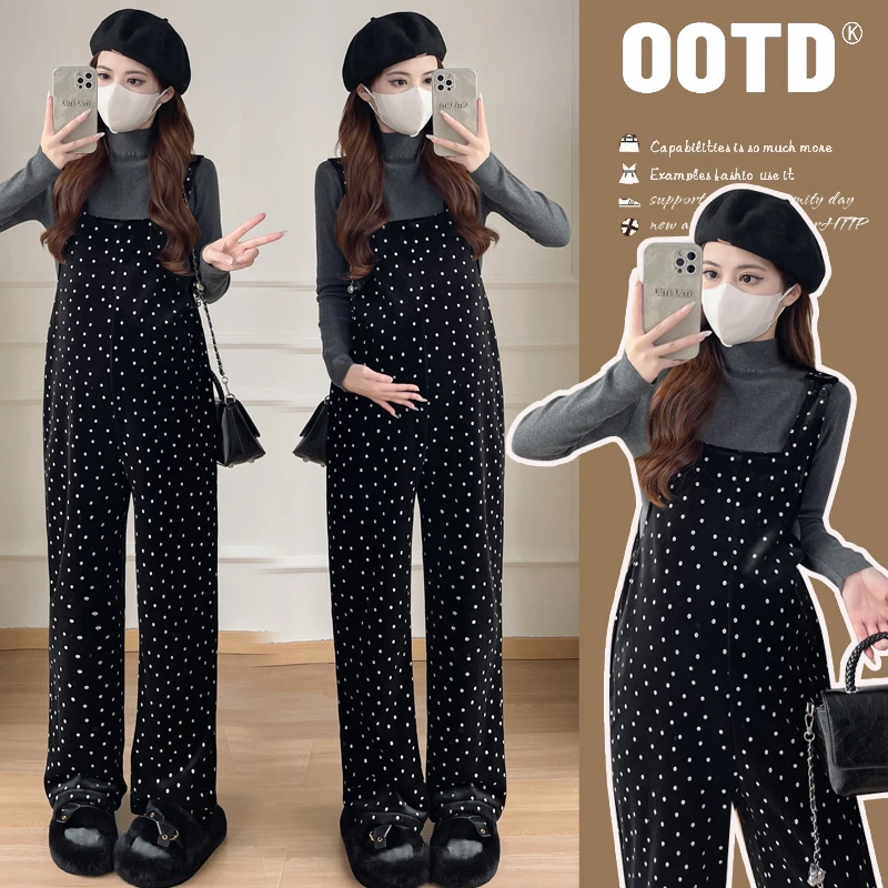 宽松百搭冬季孕妇针织打底+加绒加厚花色背带裤两件套套装