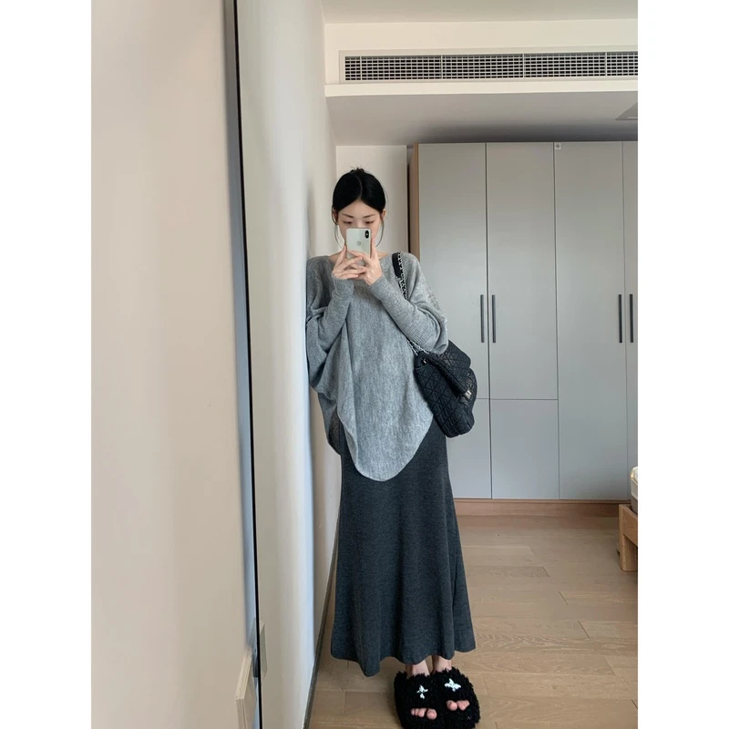 孕妇慵懒感不规则设计蝙蝠袖套头毛衣鱼尾无托腹A字长裙两件套