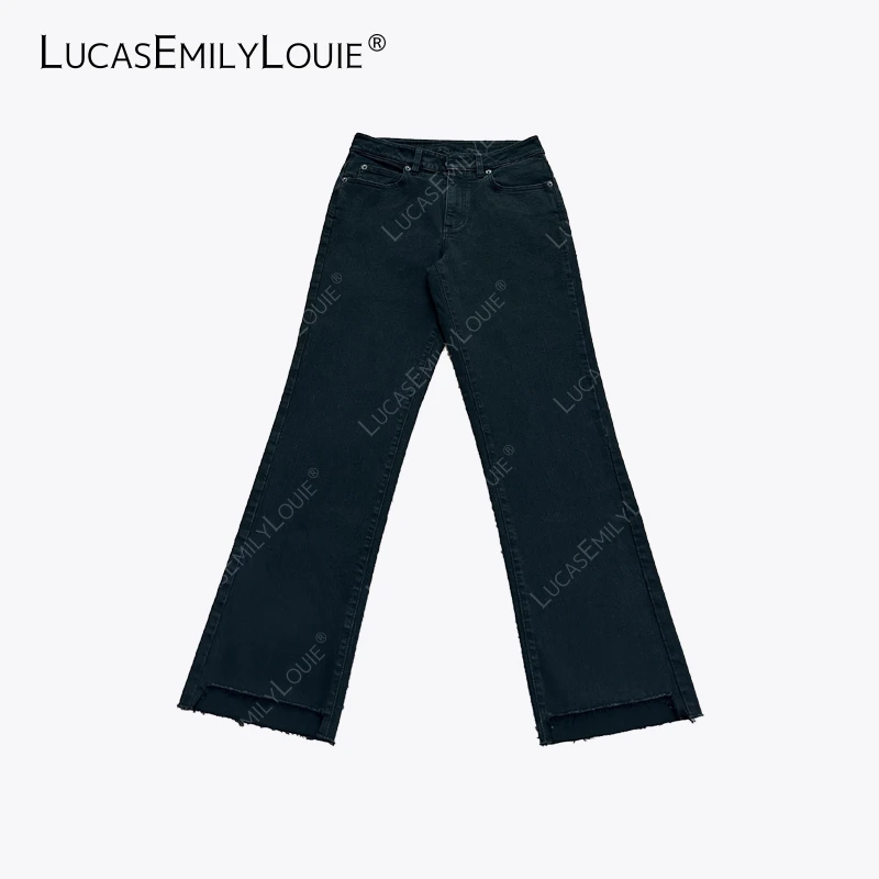 LUCASEMILYLOUIE 极简休闲前短后长裤脚毛边微喇牛仔裤2410943