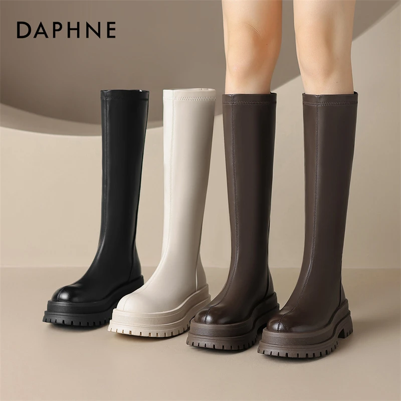 达芙妮秋冬英伦风厚底瘦瘦女靴子时尚百搭长筒不过膝后拉链高帮鞋
