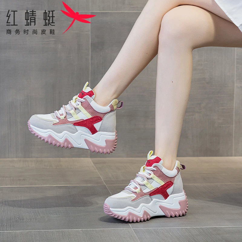 红蜻蜓厚底高帮真皮休闲女鞋2025春夏新款百搭33码内增高老爹鞋女