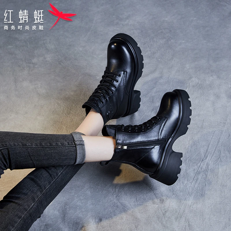 红蜻蜓英伦风复古马丁靴单靴2025春秋季新款厚底时尚百搭加绒短靴