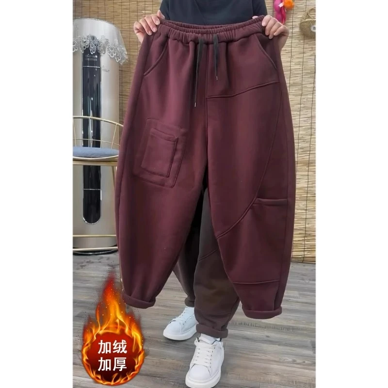加绒保暖九分哈伦裤女大码宽松显瘦个性口袋垮裤冬季新款休闲卫裤