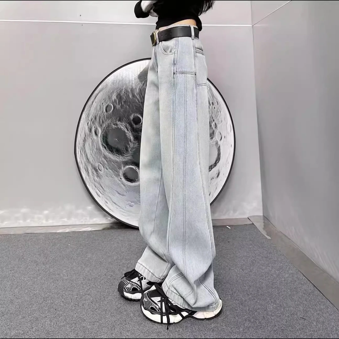 加绒加厚保暖牛仔裤女2025秋冬新款阔腿裤大码显瘦直筒拖地长裤