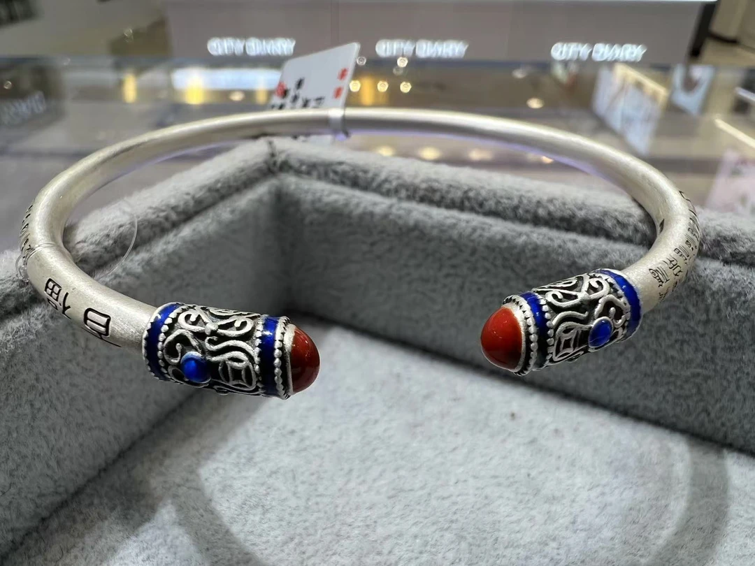 足银珐琅银制品 足银9999复古百福手镯