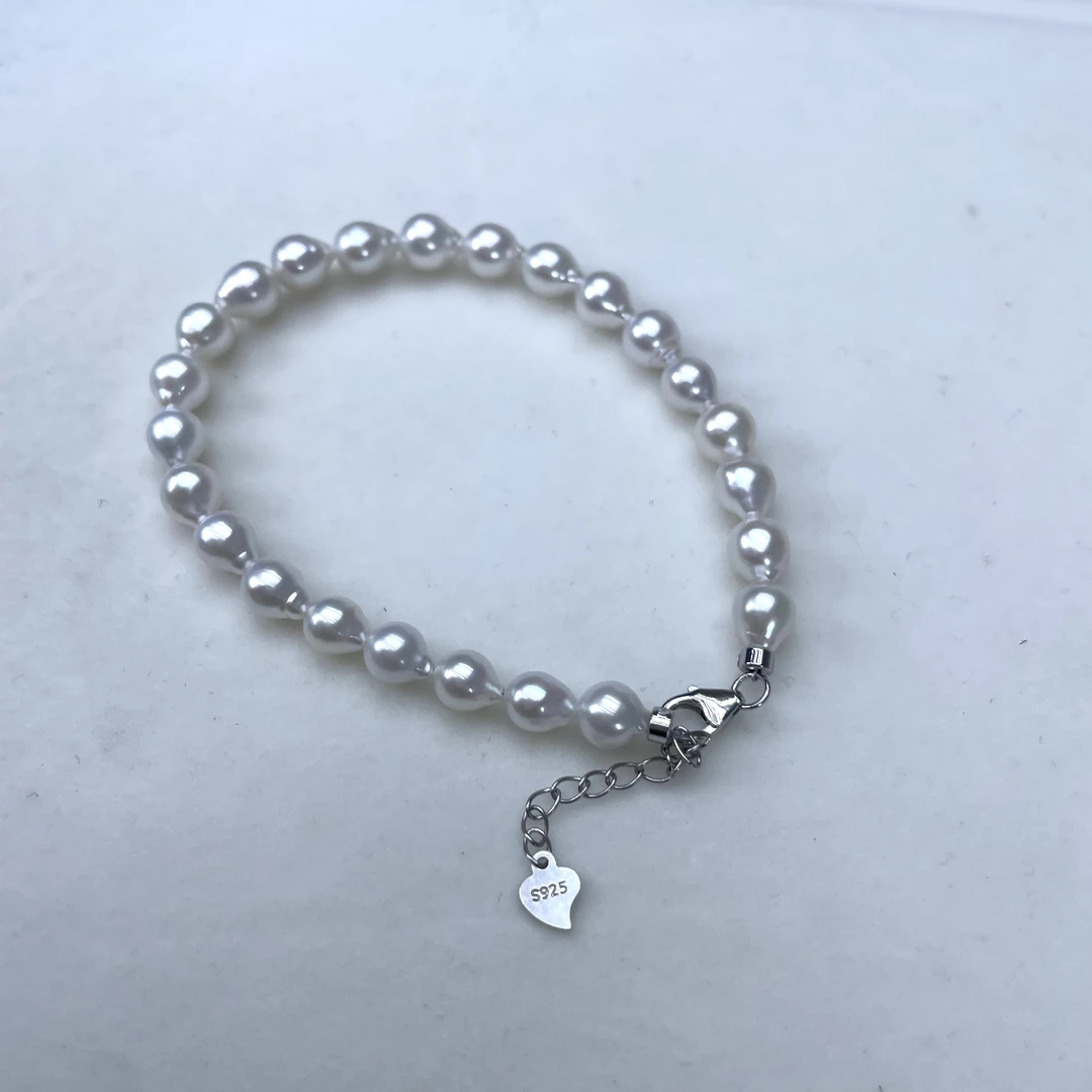 106小巴手链6-7mm冷光白巴洛克风格手工编织S925银延长链17+3.5cm